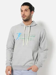 Campus Sutra Men Grey Typography Printed Hooded Sweatshirt