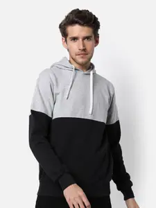 Campus Sutra Men Black & Grey Colourblocked Regular Fit Hooded Sweatshirt