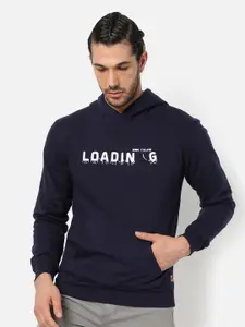 Campus Sutra Men Navy Blue Printed Hooded Cotton Sweatshirt