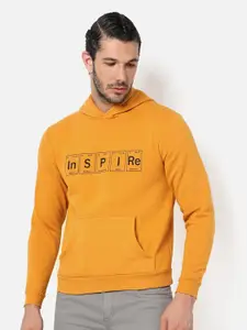 Campus Sutra Men Mustard Printed Hooded Sweatshirt
