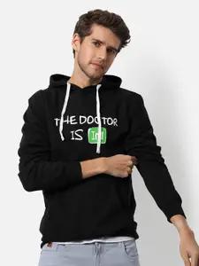 Campus Sutra Men Black Printed Hooded Cotton Sweatshirt