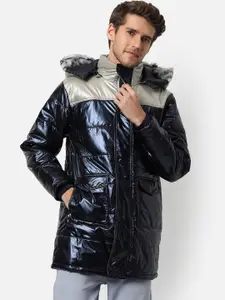 Campus Sutra Men Navy Blue Windcheater Longline Puffer Jacket