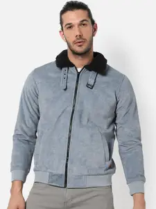 Campus Sutra Men Blue Grey Suede Windcheater Outdoor Open Front Jacket