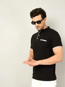 AUSK Men Black Solid Cotton Mandarin Collar T-shirt