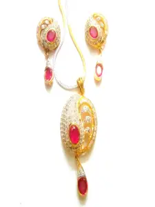 Runjhun Women Gold-Plated Pink CZ Studded Pendant With Earrings