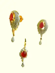 Runjhun Women Gold-Plated Pink & White CZ Studded Traditional Pendant & Earrings Set