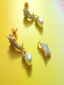 Runjhun Women Gold-Plated Silver-Stone Studded Pendant & Earrings Set