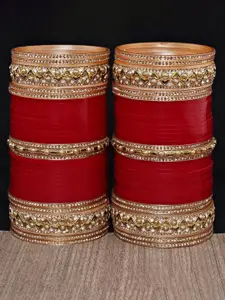 LUCKY JEWELLERY Maroon CZ & Kundan Stone-Studded Punjabi Chura Bridal Wedding Bangle Set
