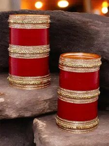 LUCKY JEWELLERY Maroon Red & White CZ Studded Bangles Set