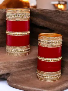 LUCKY JEWELLERY Maroon CZ & Kundan Stone-Studded Punjabi Chura Bridal Wedding Bangle Set