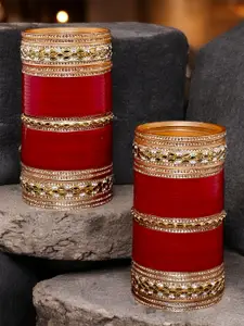 LUCKY JEWELLERY Maroon & White Stone Studded Bangles Set