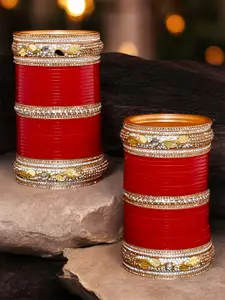 LUCKY JEWELLERY Red CZ & Kundan Studded Punjabi Bridal Bangle Set