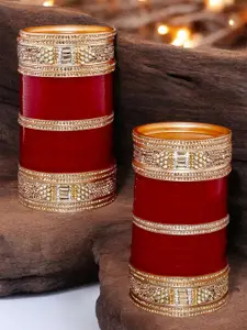 LUCKY JEWELLERY Maroon Stone-Studded Bangle Set