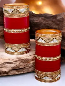 LUCKY JEWELLERY Maroon & Gold-Toned  Kundan Studded Bridal Chura Bangle Set
