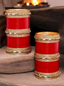 LUCKY JEWELLERY Maroon Red & White CZ Studded Bangles Set