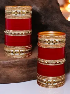 LUCKY JEWELLERY Maroon Stone-Studded Bangle Set