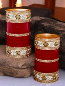 LUCKY JEWELLERY Gold-Toned & Maroon Kundan & CZ Stone-Studded Punjabi Chuda Bangle Set