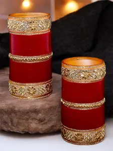 LUCKY JEWELLERY Gold-Toned & Maroon Kundan & CZ Stone-Studded Punjabi Chuda Bangle Set