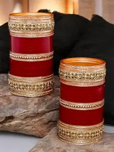 LUCKY JEWELLERY Gold-Toned & Maroon Kundan & CZ Stone-Studded Chuda Bangle Set