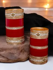 LUCKY JEWELLERY Gold-Toned & Maroon Kundan & CZ Stone-Studded Punjabi Chuda Bangle Set