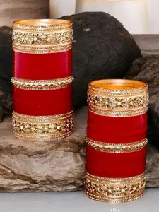 LUCKY JEWELLERY Gold-Toned & Maroon Kundan & CZ Stone-Studded Punjabi Chuda Bangle Set