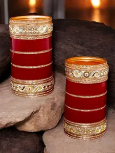LUCKY JEWELLERY Gold-Toned & Maroon Kundan & CZ Stone-Studded Punjabi Chuda Bangle Set