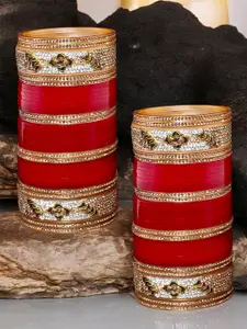 LUCKY JEWELLERY Gold-Toned & Maroon Kundan & CZ Stone-Studded Punjabi Chuda Bangle Set