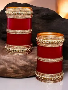 LUCKY JEWELLERY Maroon & Gold Toned Kundan Studded Bridal Chura Bangle Set