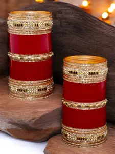 LUCKY JEWELLERY Maroon CZ & Kundan Stone-Studded Punjabi Chura Bridal Wedding Bangle Set