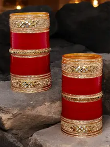 LUCKY JEWELLERY Maroon & White Stone Studded Bangle Set