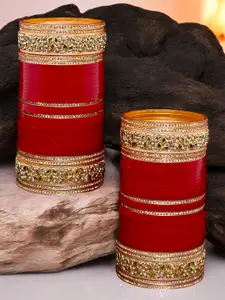 LUCKY JEWELLERY Gold-Toned & Maroon Kundan & CZ Studded Chura Bangle Set