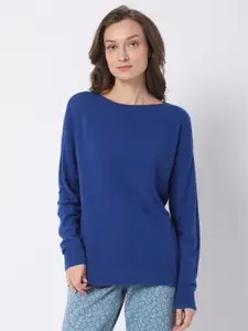 Vero Moda Women Blue Solid Drop Shoulder Sleeves Pullover