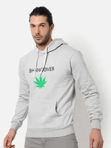 Campus Sutra Men Grey Typography Print Hooded Sweatshirt