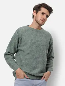 Campus Sutra Men Green Boucle Ribbed Pullover