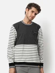 Campus Sutra Men White & Black Striped Sweatshirt