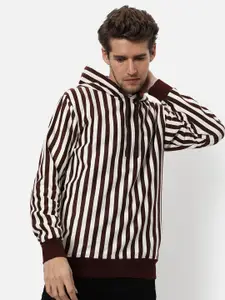 Campus Sutra Men Brown Striped Hooded Sweatshirt