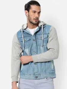 Campus Sutra Men Blue Grey Washed Colourblocked Windcheater Outdoor Denim Jacket