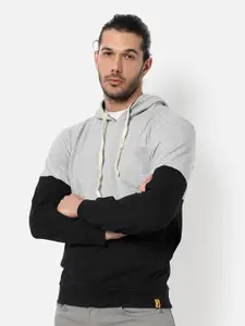 Campus Sutra Men Black Colourblocked Hooded Sweatshirt
