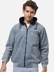 Campus Sutra Men Blue Suede Windcheater Puffer Jacket