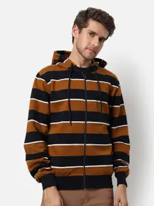 Campus Sutra Men  Brown & Black Striped Hooded Sweatshirt