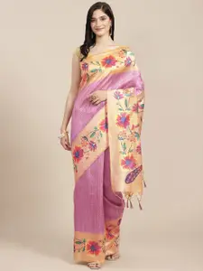 VISHNU WEAVES Pink & Beige Ethnic Motifs Tussar Silk Saree