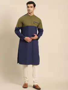 KISAH Men Navy Blue Colourblocked Kurta with Dhoti Pants