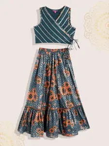 Biba Girls Teal Blue & Golden Floral Print Gotta Patti Ready to Wear Lehenga & Blouse