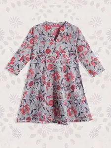 Biba Girls Blue & Red Floral Printed Pure Cotton Kurta