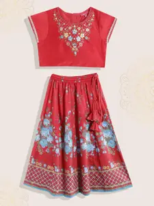 Biba Girls Red & Blue Embroidered & Floral Print Ready to Wear Lehenga & Blouse