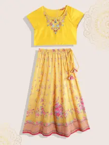 Biba Girls Yellow & Pink Floral Embroidered Ready to Wear Lehenga & Blouse