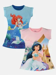 YK Disney Girls Pack of 2 Disney Princess Jasmine & Ariel Printed A-Line Dress
