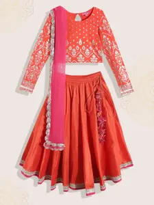Biba Girls Orange & Pink Ethnic Printed Ready to Wear Lehenga & Blouse With Dupatta
