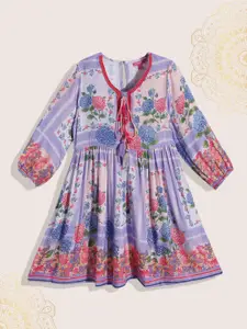 Biba Girls Lavender & Blue Floral Print Fit & Flare Dress with Tie-Ups