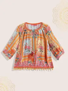Biba Girls Orange & Yellow Floral Print Tie-Up Neck Top with Pom-Pom Hem